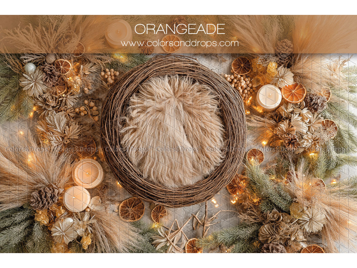 Newborn photo backdrop Orangeade – wicker nest with dried oranges and candles | Colors&Drops
