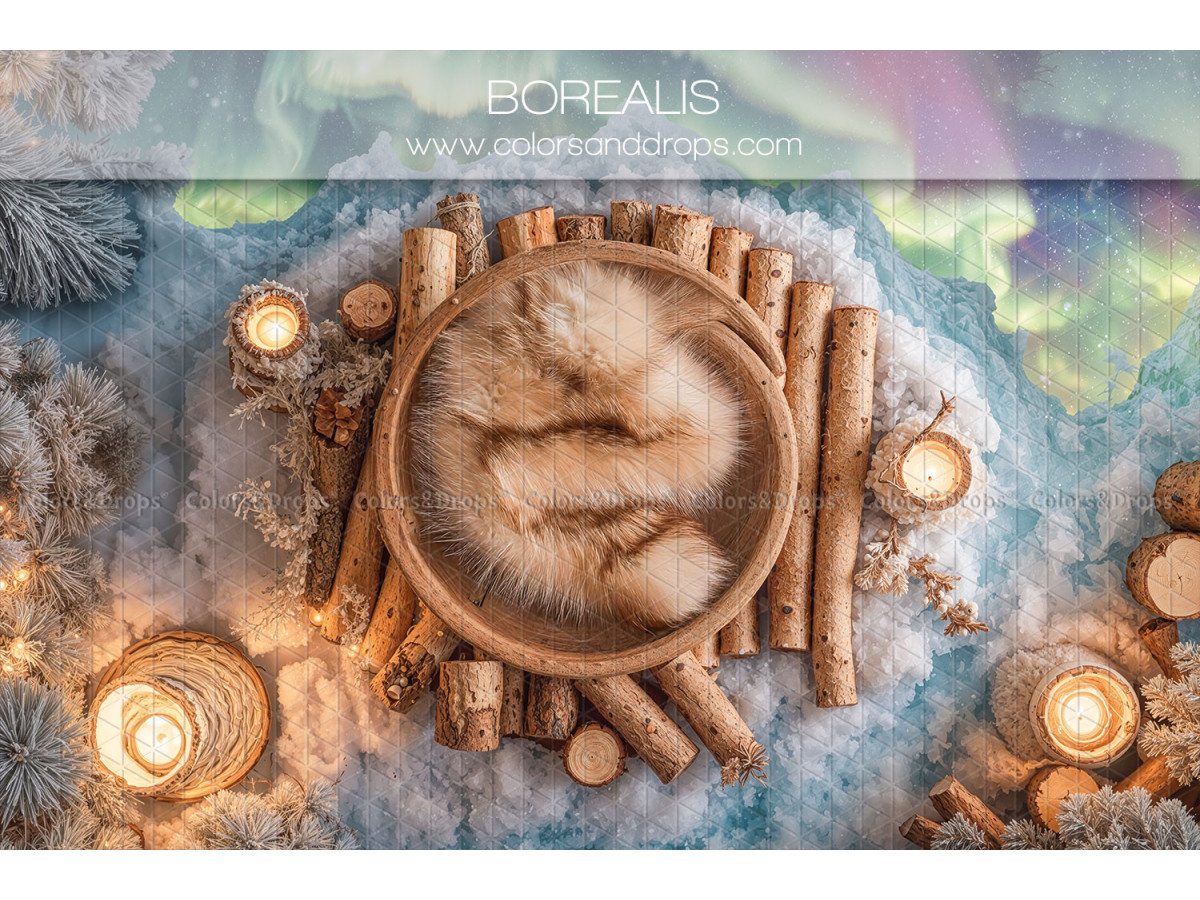 Newborn photo backdrop Borealis – wooden bowl with logs and candles on ice | Colors&Drops