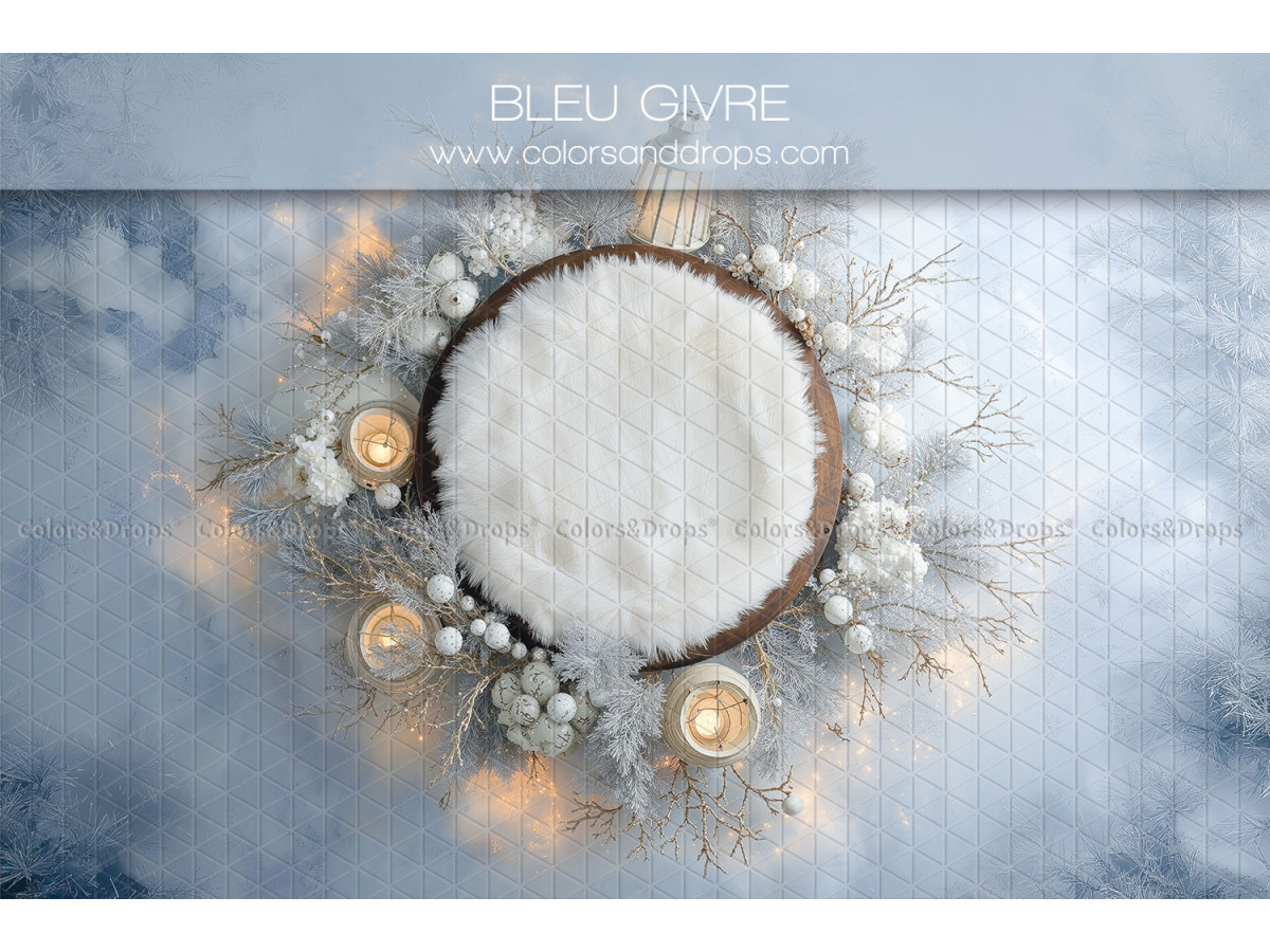 Newborn photo backdrop Bleu Givre – nest with white fur and frosted wreath | Colors&Drops
