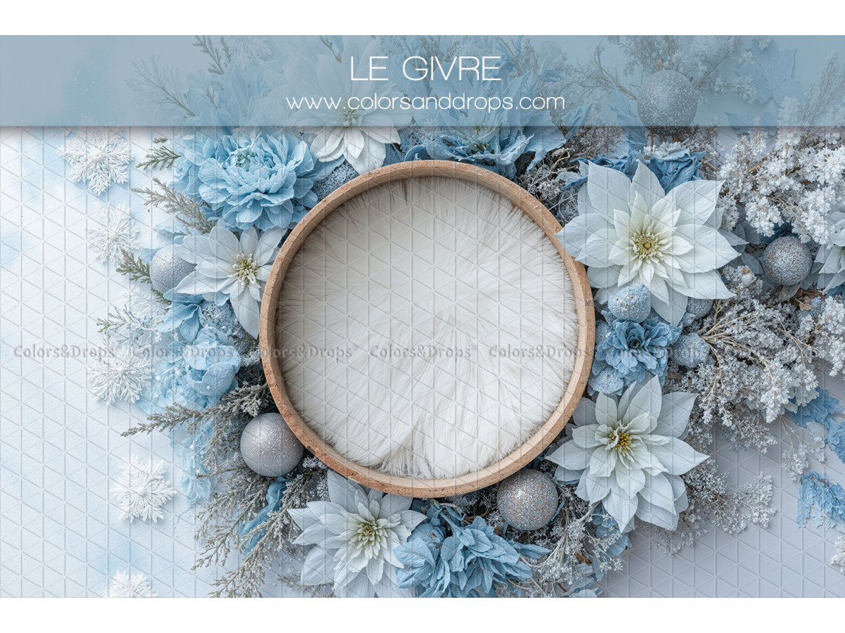 Newborn photo backdrop Le Givre – wooden basket with frosted blue poinsettias | Colors&Drops