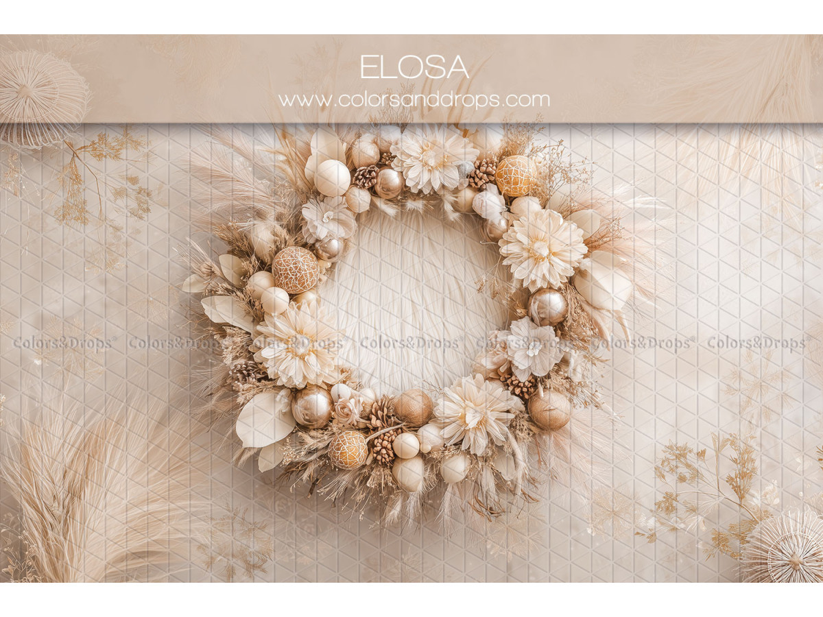Fondo fotográfico de recién nacido Elosa – corona de flores secas y bolas doradas | Colors&Drops