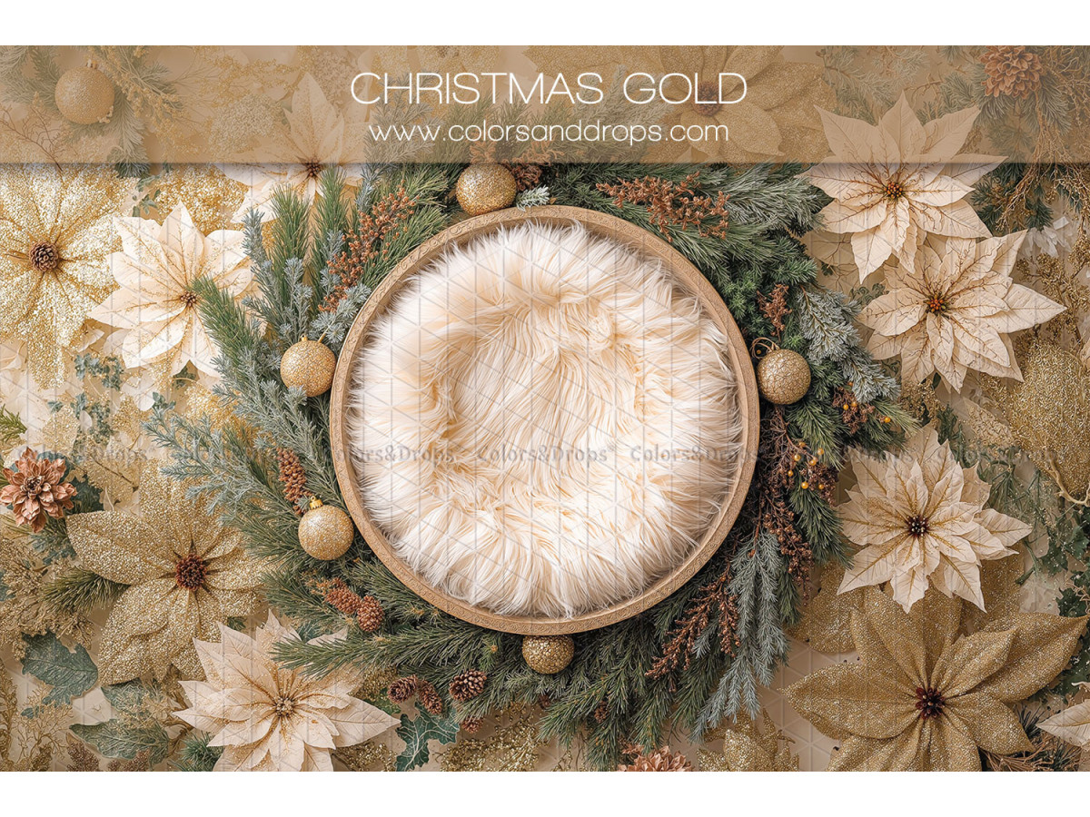 Newborn photo backdrop Christmas Gold – wooden basket with fur and golden poinsettias | Colors&Drops