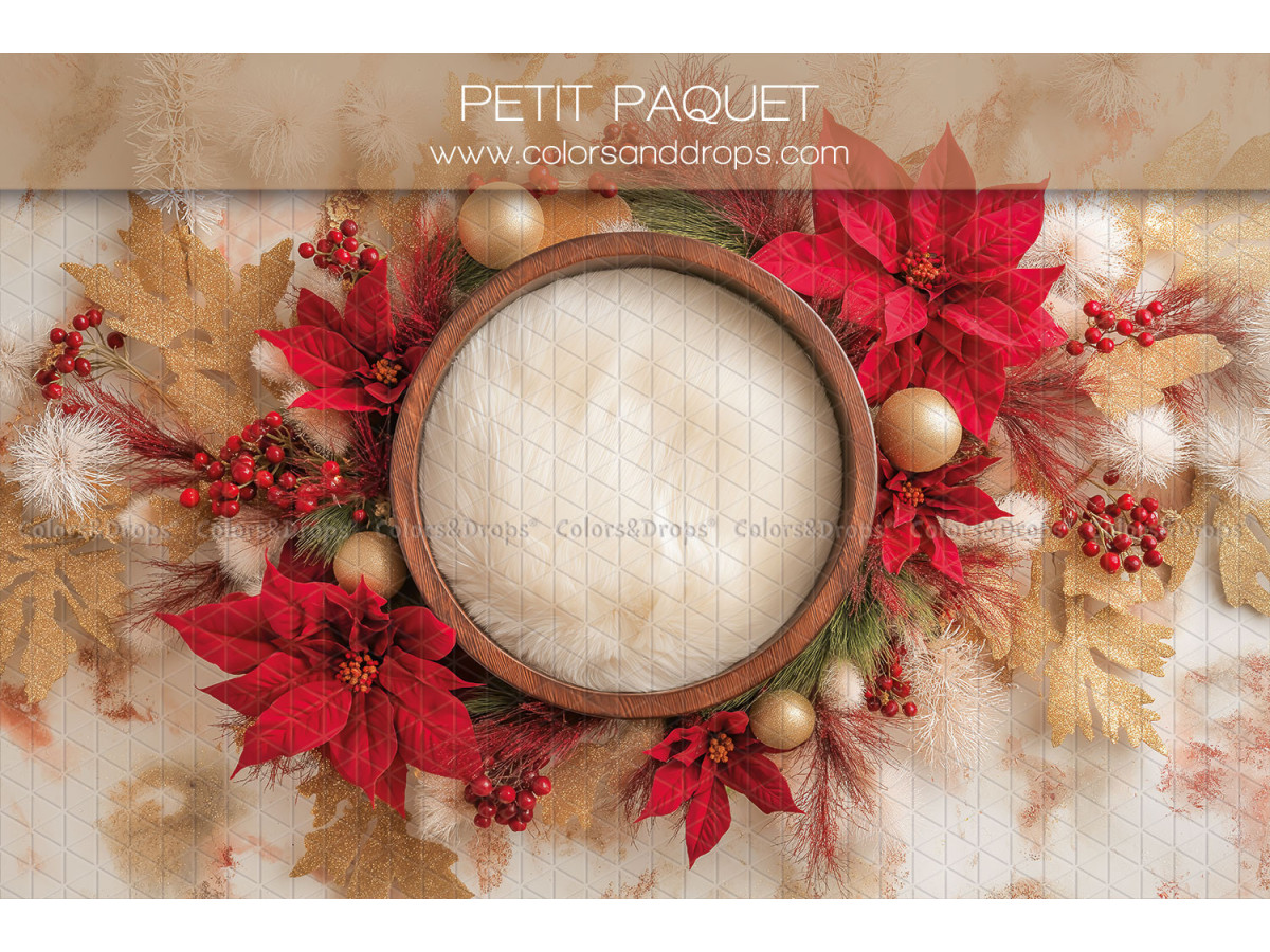 Newborn photo backdrop Petit Paquet – wooden basket with red poinsettias | Colors&Drops