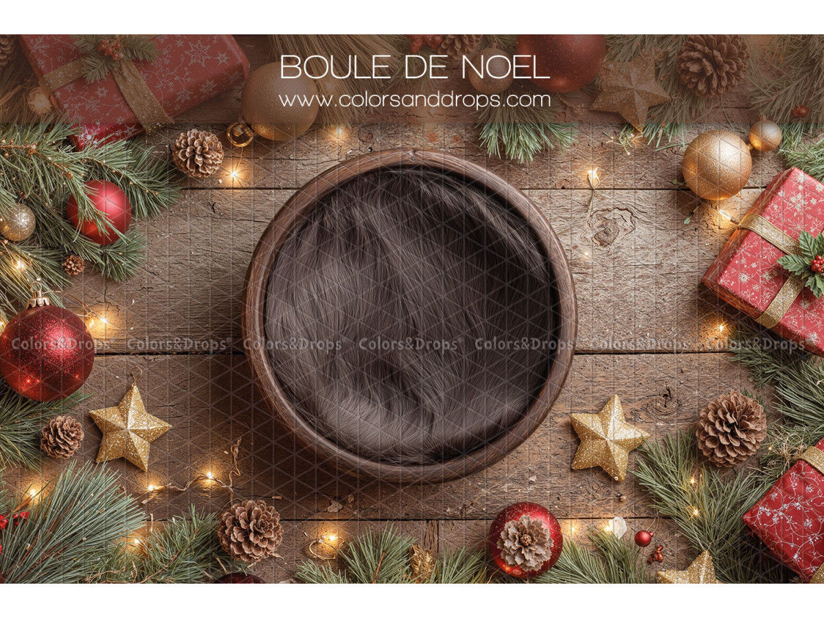 Fondo fotográfico de recién nacido Boule de Noel – cuenco de madera con piel marrón y adornos | Colors&Drops
