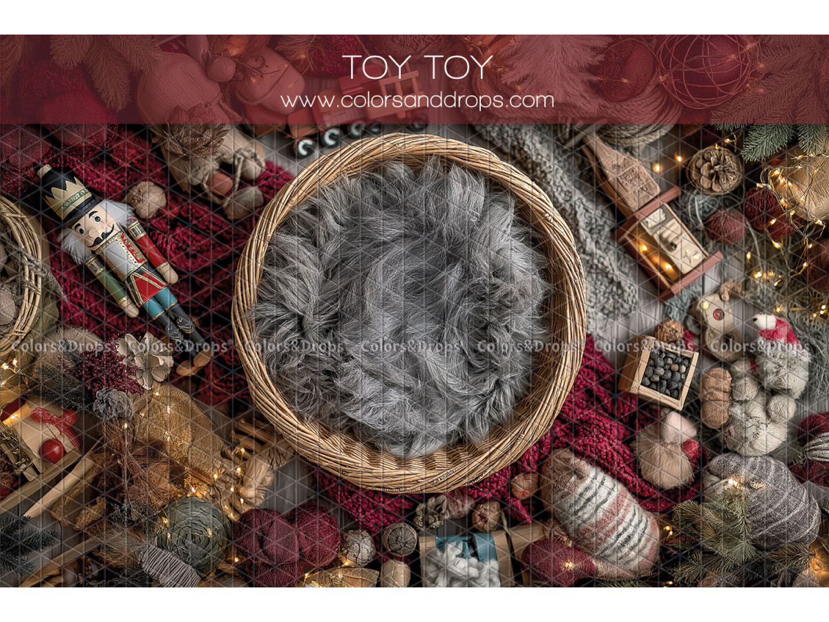 Fond photo nouveau-né Toy Toy – panier en osier avec fourrure grise et jouets | Colors&Drops