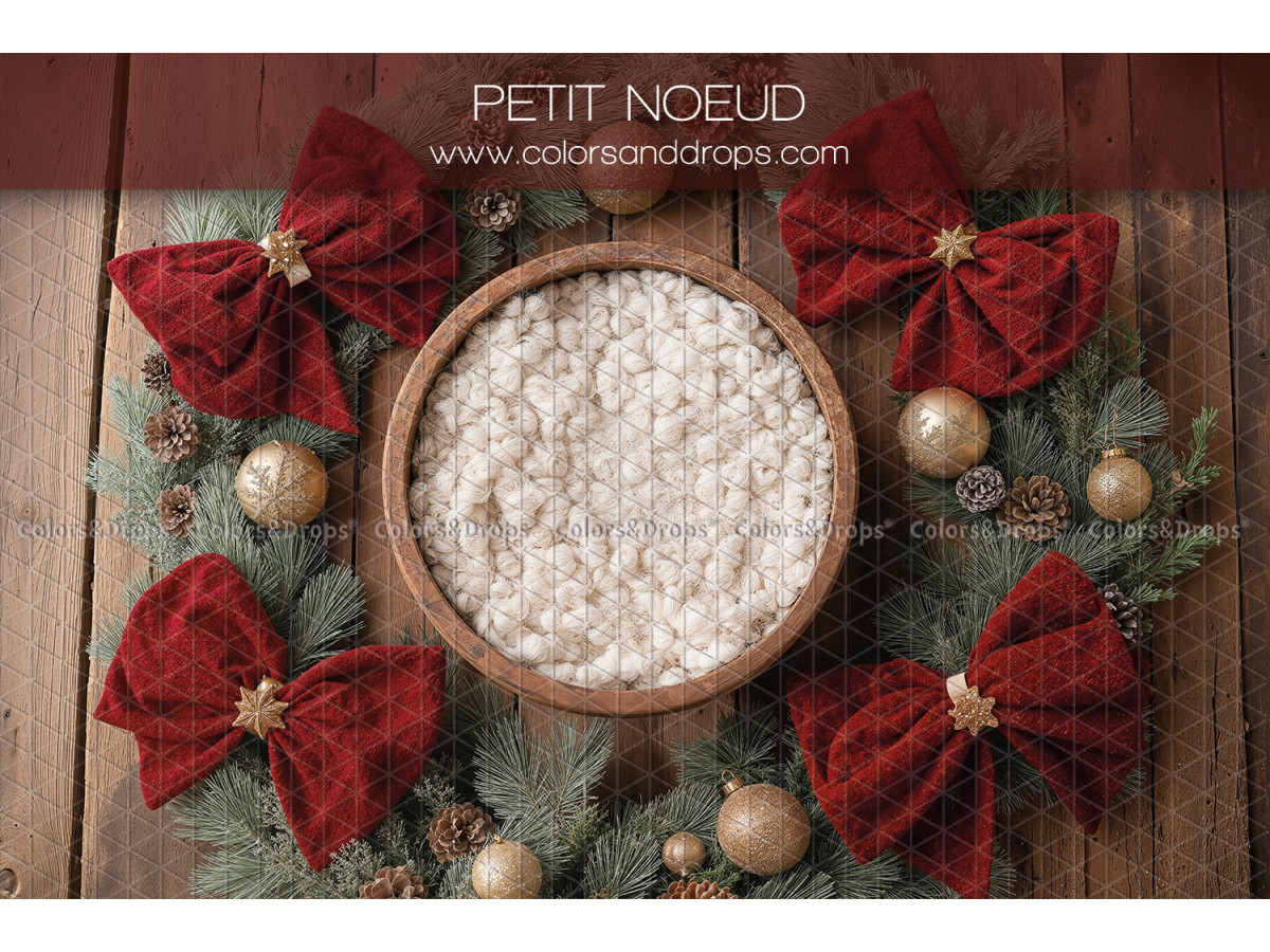 Fondo fotográfico de recién nacido Petit Noeud – cuenco de madera con piel y lazos rojos | Colors&Drops