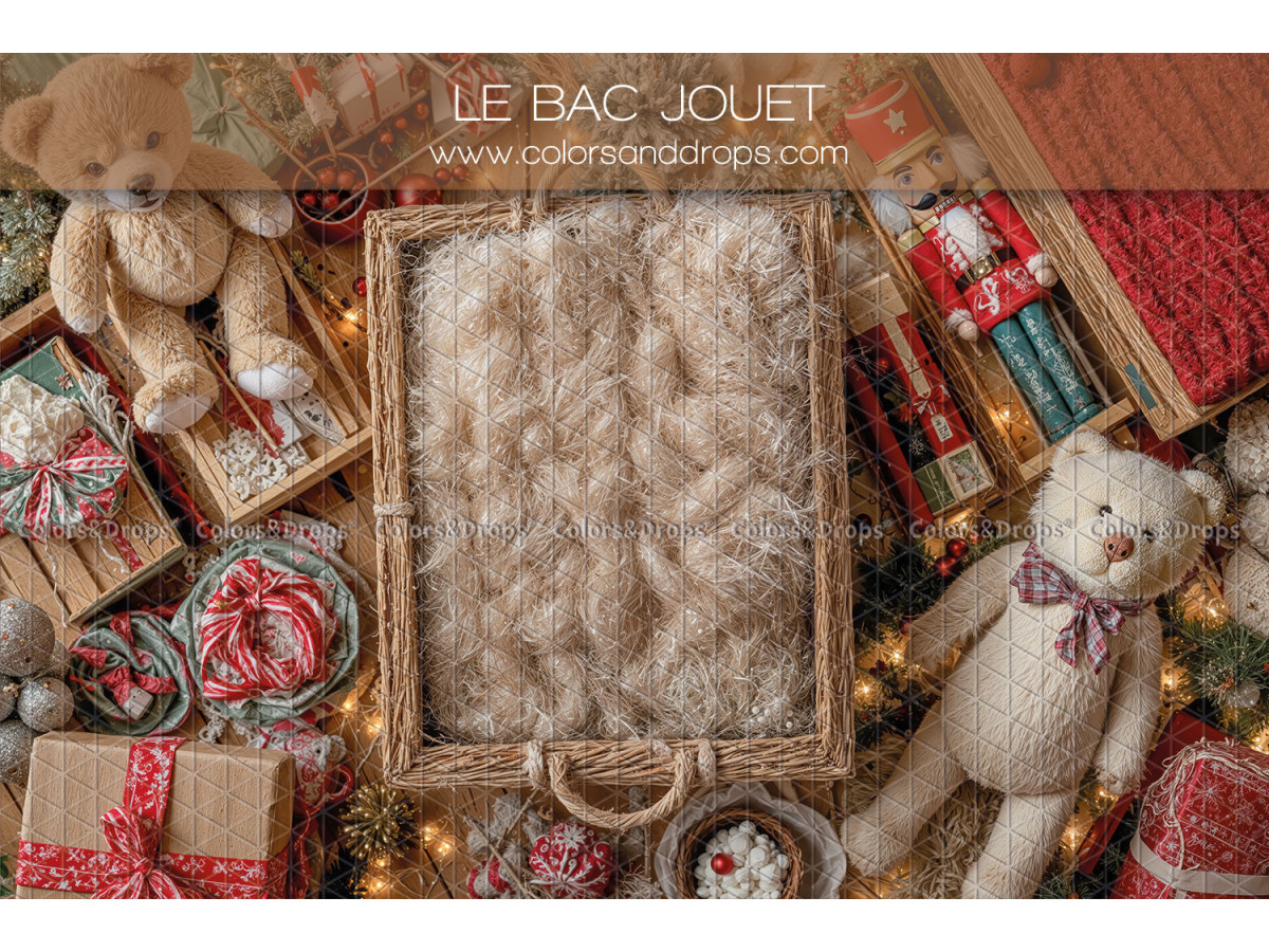 Newborn photo backdrop Le Bac a Jouet – wicker crate with teddy bear and toys | Colors&Drops