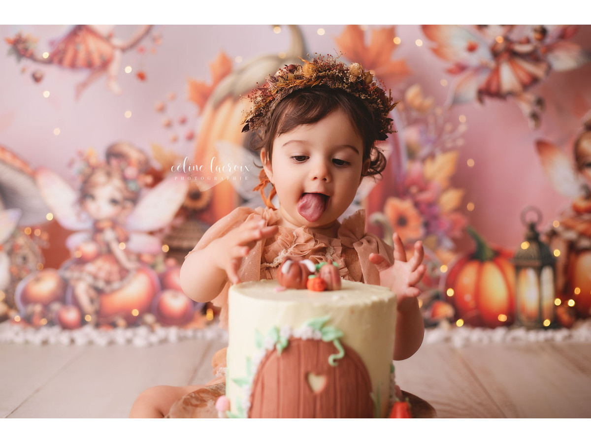 Fond photo bébé et smash cake Fee Citrouille – fées et maison citrouille avec champignons | Colors&Drops