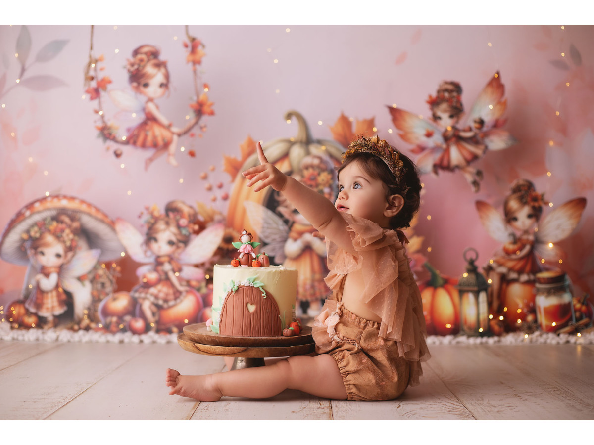Fond photo bébé et smash cake Fee Citrouille – fées et maison citrouille avec champignons | Colors&Drops