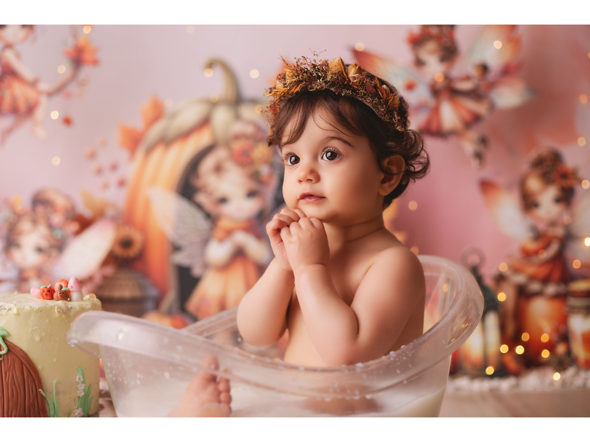Fond photo bébé et smash cake Fee Citrouille – fées et maison citrouille avec champignons | Colors&Drops