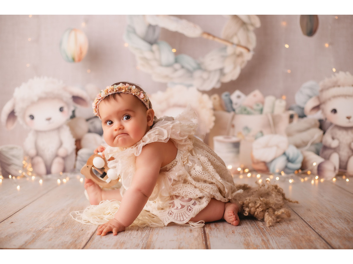 Baby & cake smash photo backdrop Mout Mout – plush sheep with braided wreath | Colors&Drops