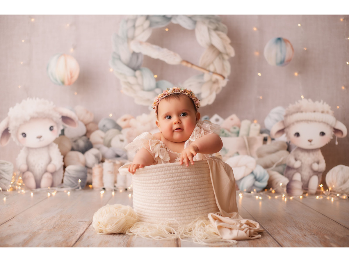 Baby & cake smash photo backdrop Mout Mout – plush sheep with braided wreath | Colors&Drops