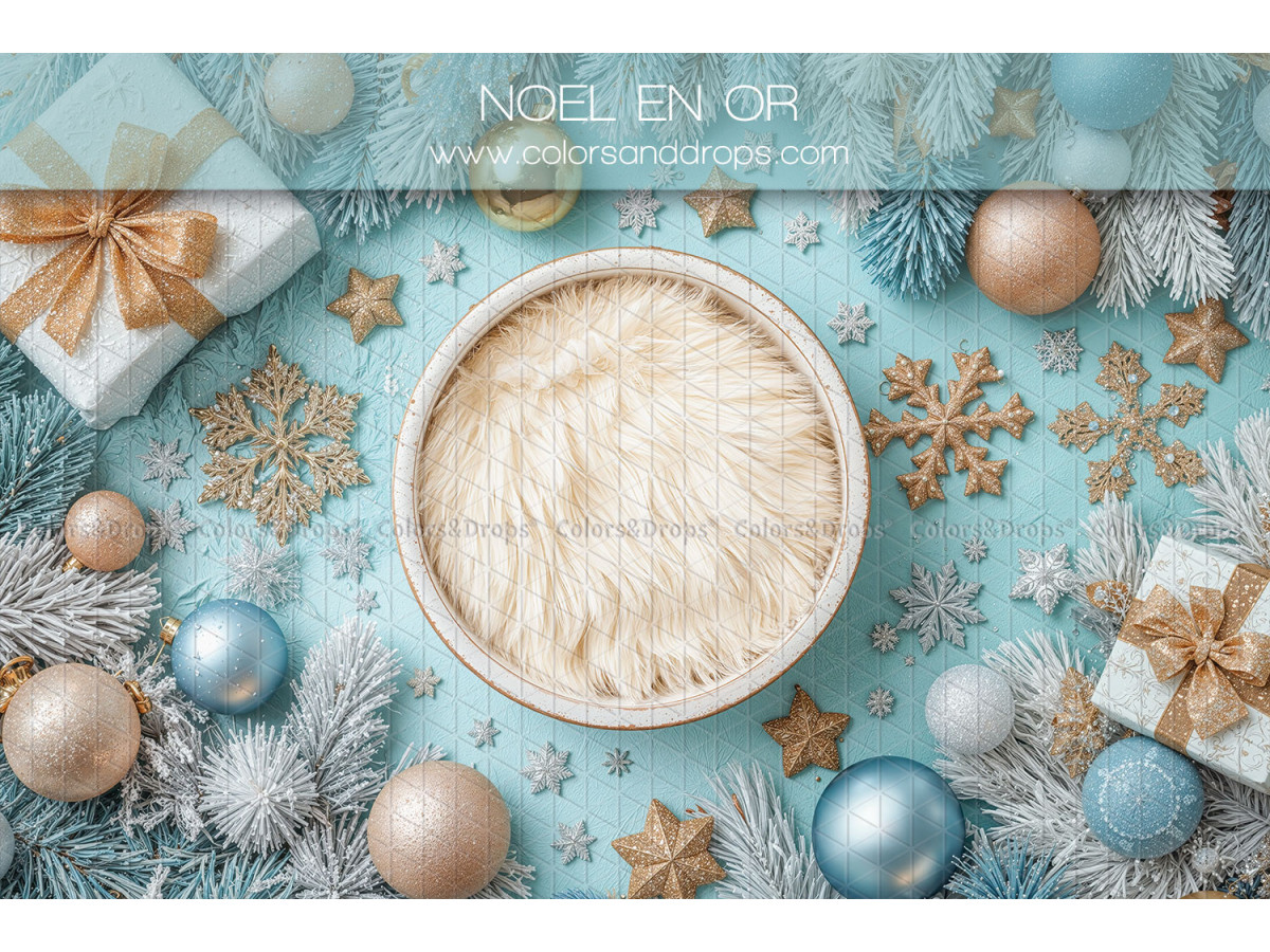 Newborn photo backdrop Noel en Or – basket with fur and turquoise Christmas decorations | Colors&Drops