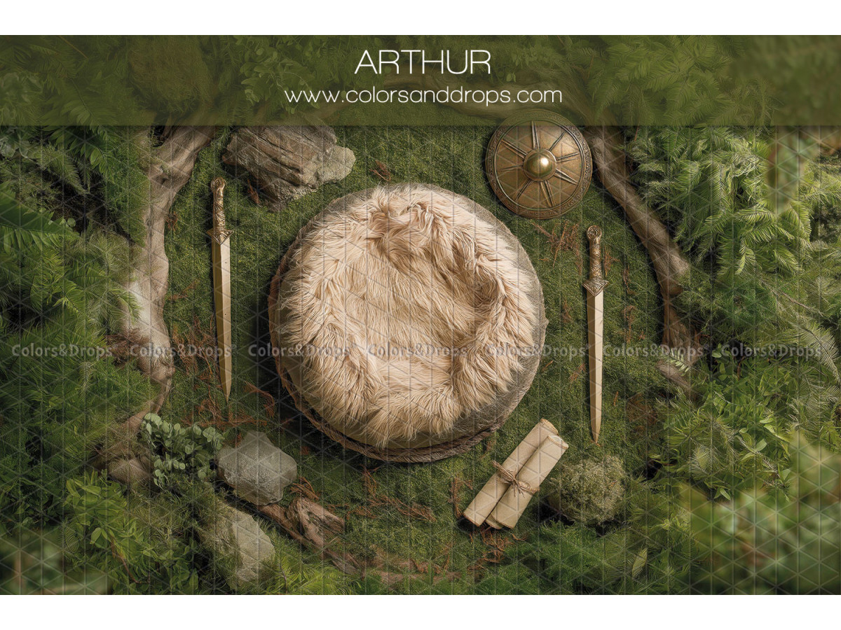 Newborn photo backdrop Arthur – fur nest on moss with sword | Colors&Drops