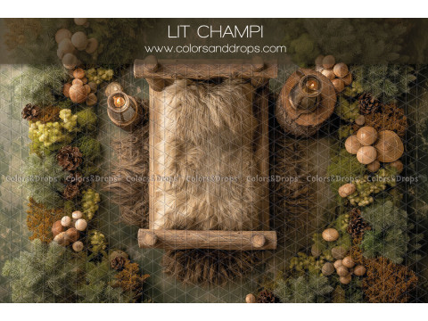 Fond photo nouveau-né Lit Champi – lit en bois avec fourrure et champignons | Colors&Drops