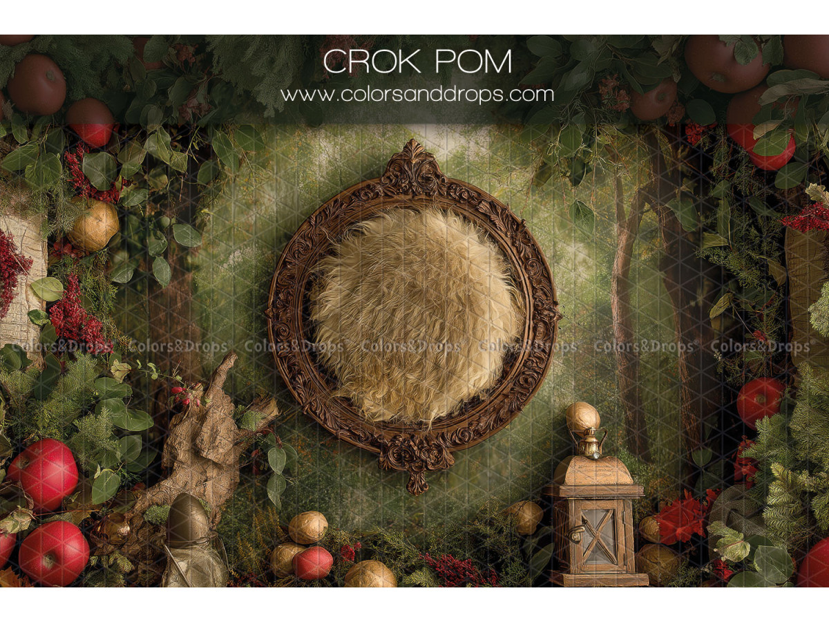 Fondo fotográfico de recién nacido Crok Pom – nido de madera con manzanas rojas y musgo | Colors&Drops