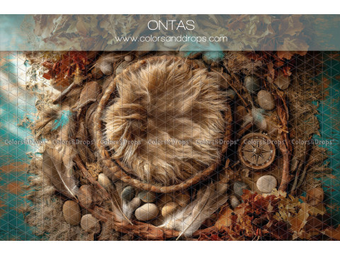 Fond photo nouveau-né Ontas – nid en fourrure avec galets plumes et boussole | Colors&Drops