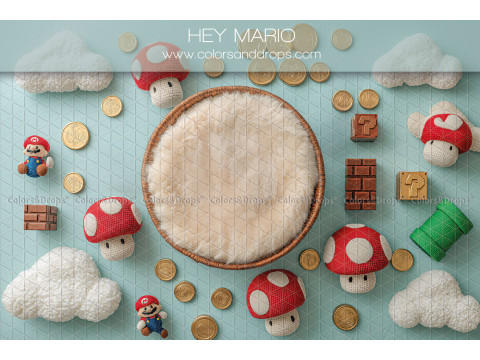 Newborn photo backdrop Hey Mario – basket with red mushrooms and video game coins | Colors&Drops