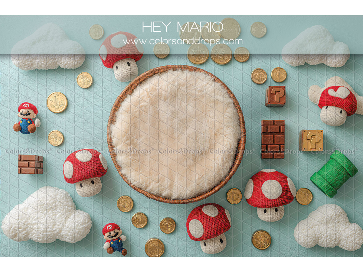 Fondo fotográfico de recién nacido Hey Mario – cesta con setas rojas y monedas de videojuego | Colors&Drops
