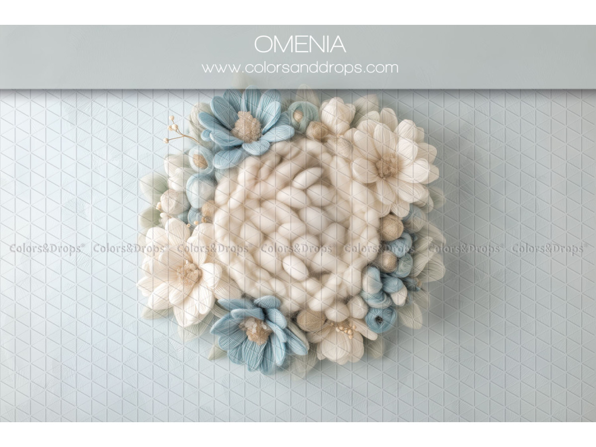 Newborn photo backdrop Omenia – knitted wool nest with blue and white flowers | Colors&Drops