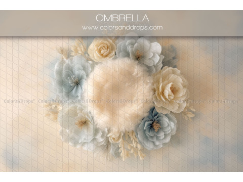 Fond photo nouveau-né Ombrella – nid en fourrure avec fleurs crème et bleues | Colors&Drops