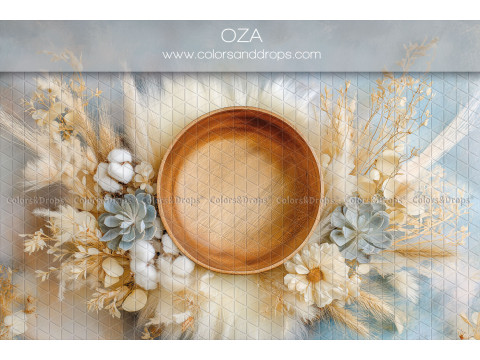 Fond photo nouveau-né Oza – bol en bois avec coton et fleurs séchées | Colors&Drops