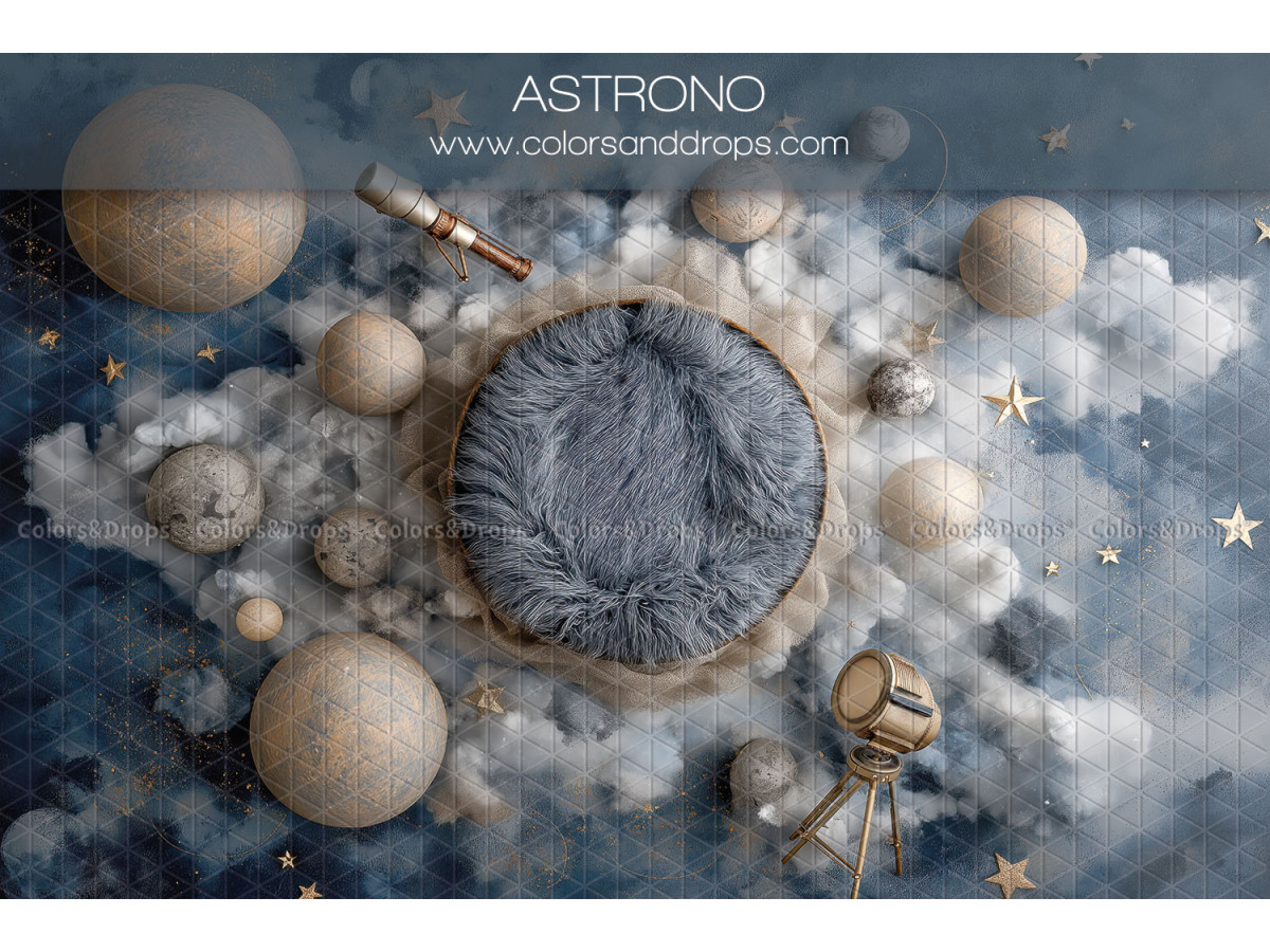 Newborn photo backdrop Astrono – grey fur nest with planets and clouds | Colors&Drops