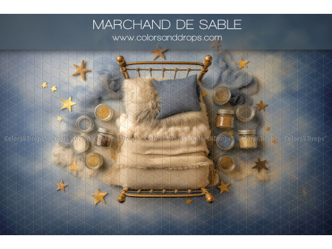 Fondo fotográfico de recién nacido Marchand de Sable – cama de metal dorado con estrellas y tarros | Colors&Drops