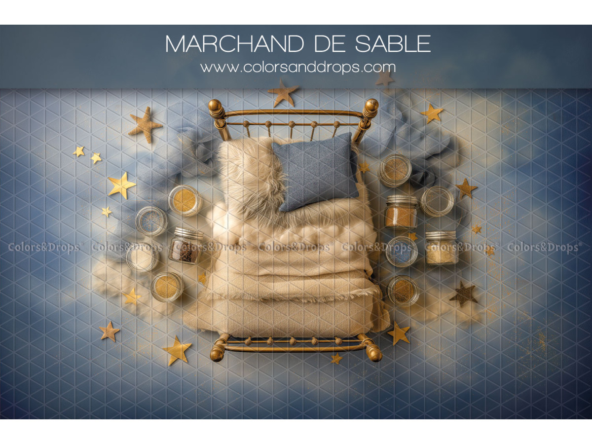 Fond photo nouveau-né Marchand de Sable – lit en métal doré avec étoiles et bocaux | Colors&Drops