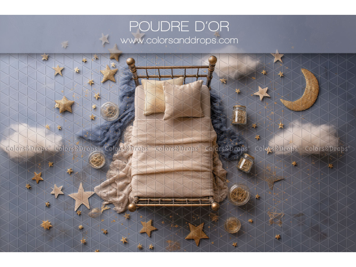 Newborn photo backdrop Poudre D'or – gold metal bed with stars and moon | Colors&Drops