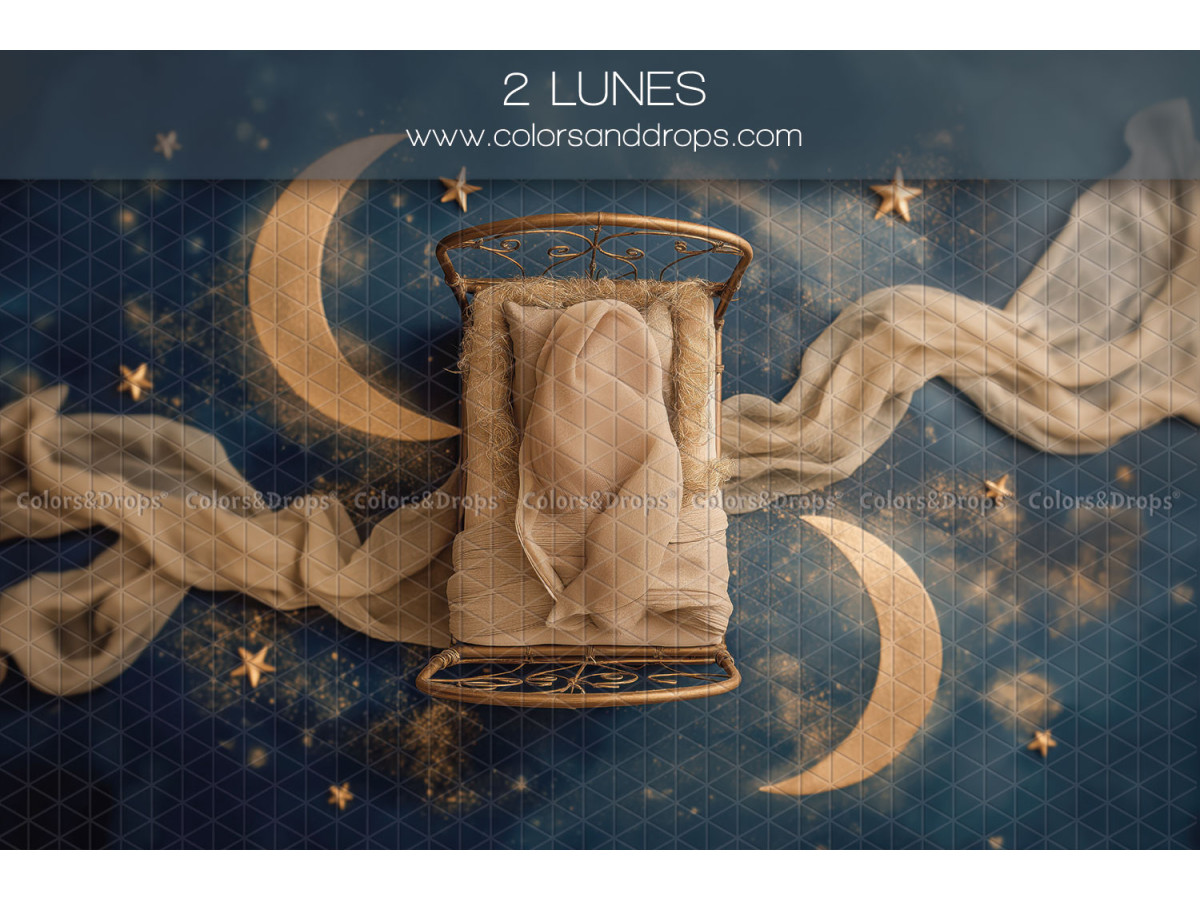 Fond photo nouveau-né 2 Lunes – lit en métal avec deux lunes et voile | Colors&Drops