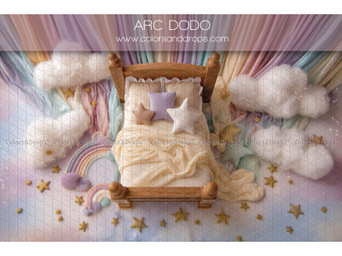 Fondo fotográfico de recién nacido Arc Dodo – cama de madera con arcoíris y nubes pastel | Colors&Drops
