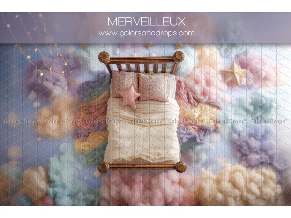 Newborn photo backdrop Merveilleux – wooden bed among colourful pastel clouds | Colors&Drops