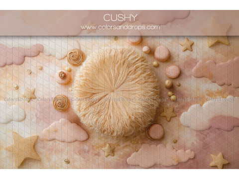Fond photo nouveau-né Cuchy – nid en fourrure sur nuages roses et étoiles | Colors&Drops
