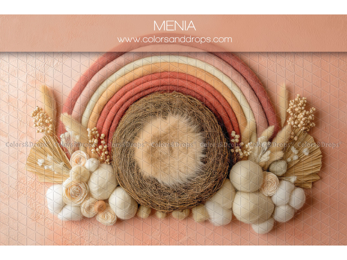 Newborn photo backdrop Menia – rainbow with wicker nest and cotton balls | Colors&Drops