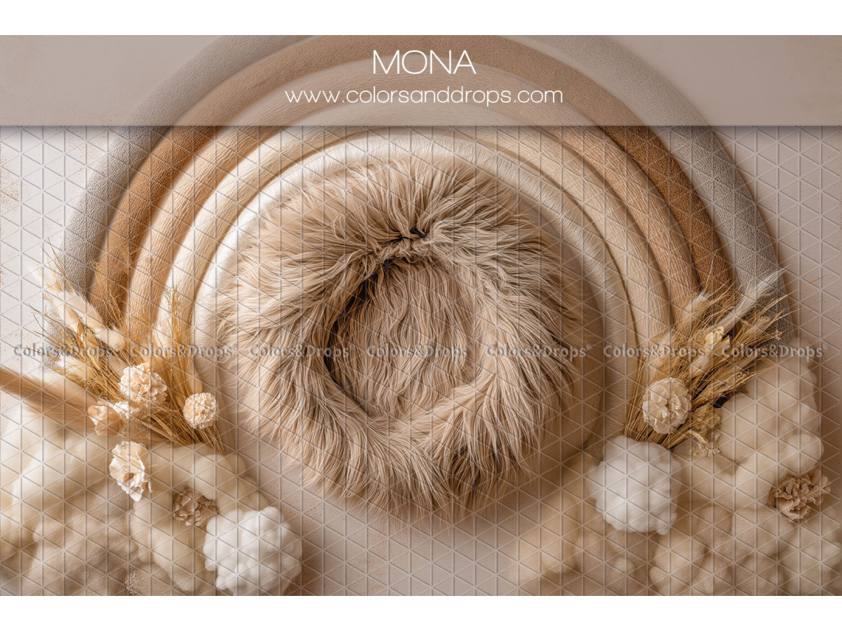 Newborn photo backdrop Mona – beige rainbow with fur nest and clouds | Colors&Drops