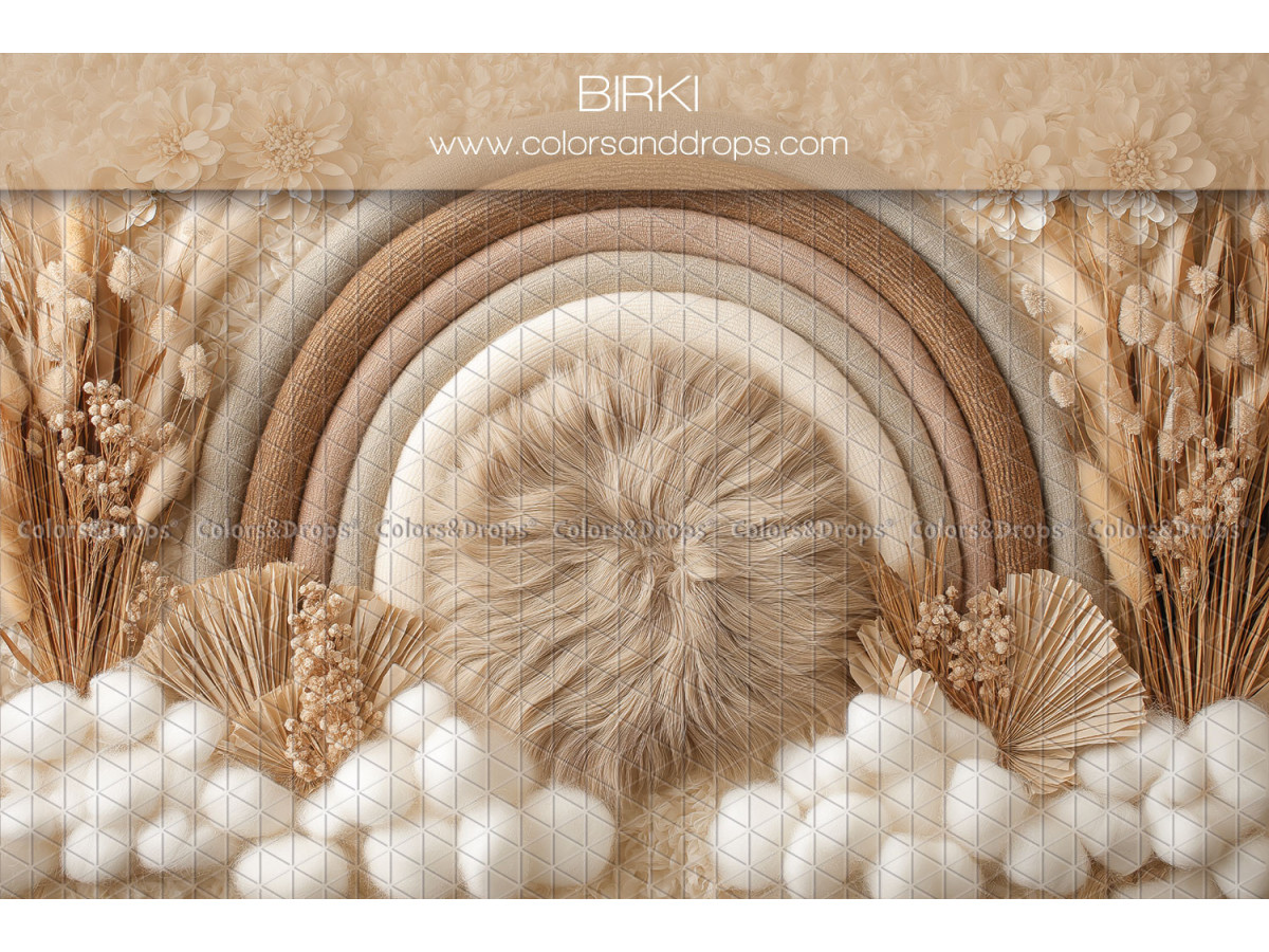 Fond photo nouveau-né Birki – arc-en-ciel beige avec nid et nuages en coton | Colors&Drops