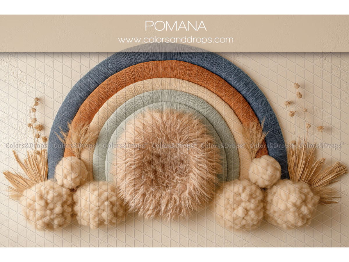 Newborn photo backdrop Pomana – blue and terracotta rainbow with pompoms | Colors&Drops