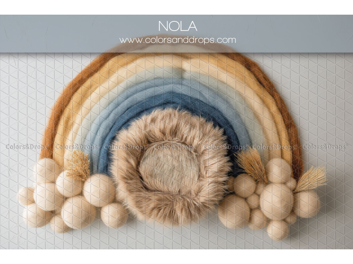 Newborn photo backdrop Nola – blue and ochre rainbow with wool balls | Colors&Drops