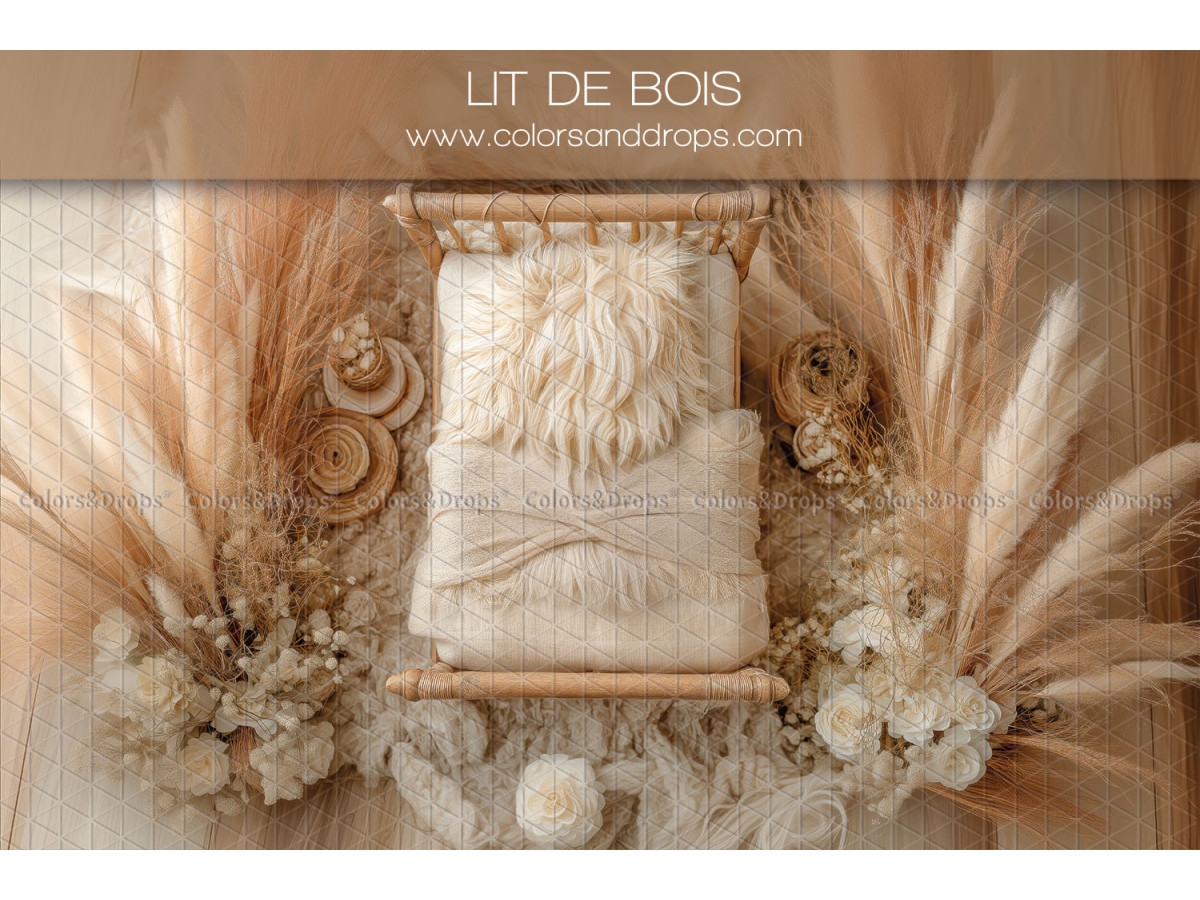 Newborn photo backdrop Lit de Bois – wooden bed with pampas and dried flowers | Colors&Drops