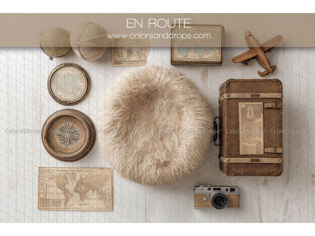 Newborn photo backdrop En Route – fur nest with suitcase, compass and map | Colors&Drops
