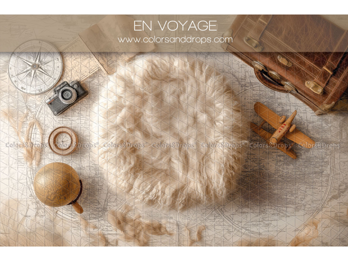 Newborn photo backdrop En Voyage – fur nest with suitcase, plane and globe | Colors&Drops