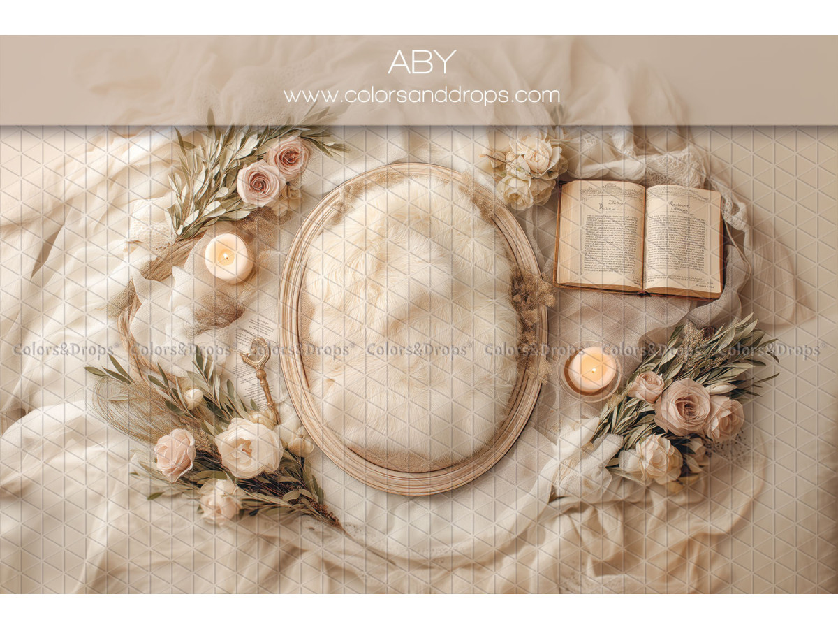 Newborn photo backdrop Aby – oval nest with flowers, book and candles | Colors&Drops