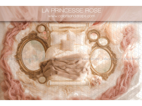 Fond photo nouveau-né La Princesse Rose – miroirs dorés avec drapé rose et tulle | Colors&Drops