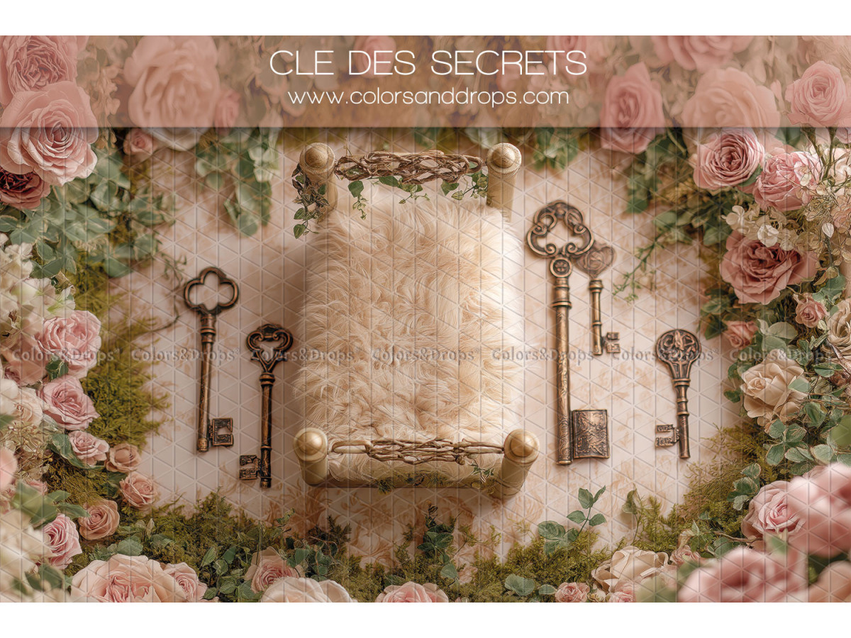 Newborn photo backdrop Cle des Secrets – fur nest with antique keys and roses | Colors&Drops