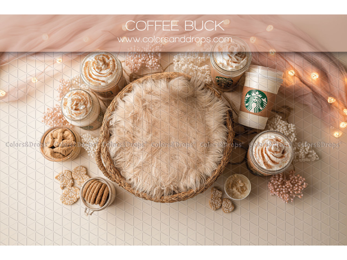 Newborn photo backdrop Cofffee Bucks – fur nest with cupcakes and coffee | Colors&Drops