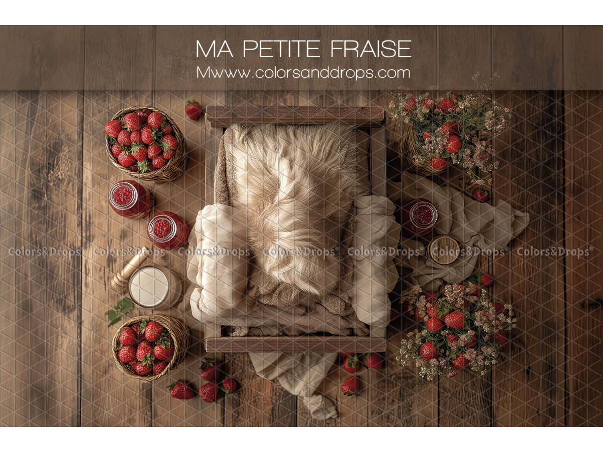 Newborn photo backdrop Ma Petite Fraise – wooden bed with strawberries on dark floor | Colors&Drops