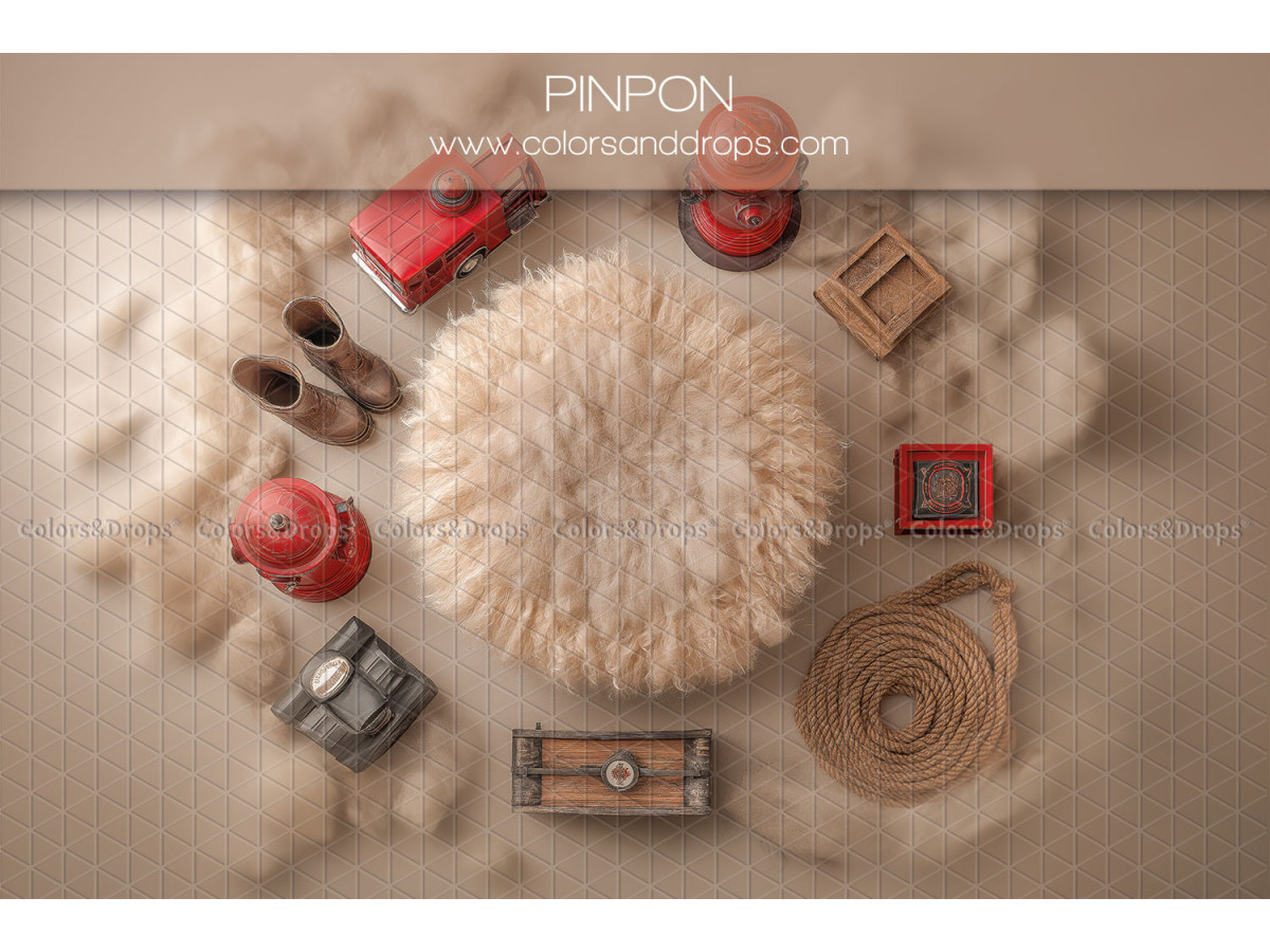 Newborn photo backdrop Pinpon – fur nest with fire truck and helmet | Colors&Drops