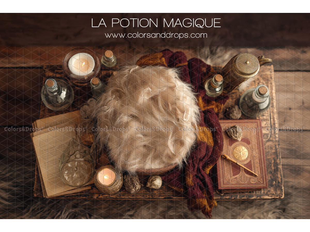 Newborn photo backdrop La Potion Magique – fur nest with books and magic potions | Colors&Drops