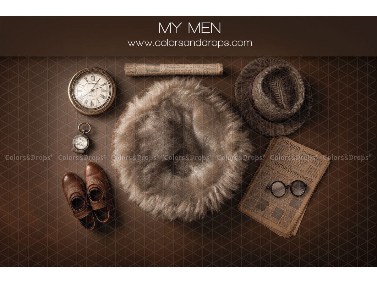 Newborn photo backdrop My Men – fur nest with pocket watch and hat | Colors&Drops